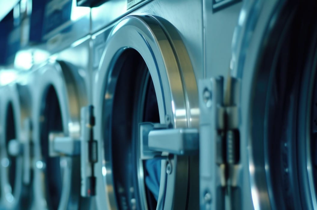 Eine Reihe von Waschmaschinen in einer öffentlichen Wäscherei. Ideal zur Veranschaulichung des Konzepts der gemeinschaftlichen Wäscherei