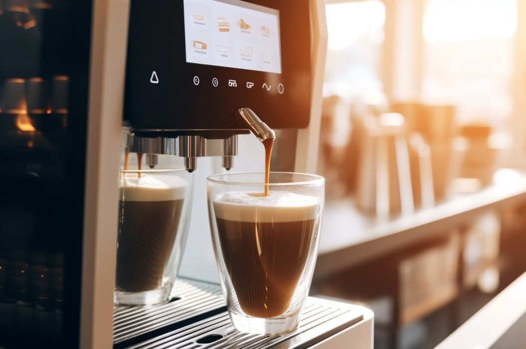 Kaffeetasse in einem Kaffeeautomaten, Illustration. Generative KI. Kaffeehaus, Getränk, Trinken, Essen und Mahlzeit, Bild